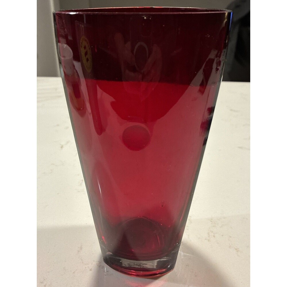 Whitefriars/Baxter Ruby Red Glass Three Sided Vase/Christmas Ware